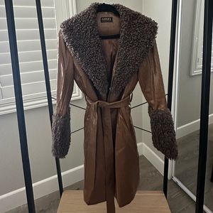 JAYLEY Brown Faux Suede Coat With Detachable Faux Shearling Cuffs & Collar